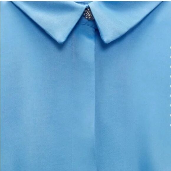 NEW ZARA sky blue Satin Button Up Mini Dress with Gem Detailing - Picture 4 of 13